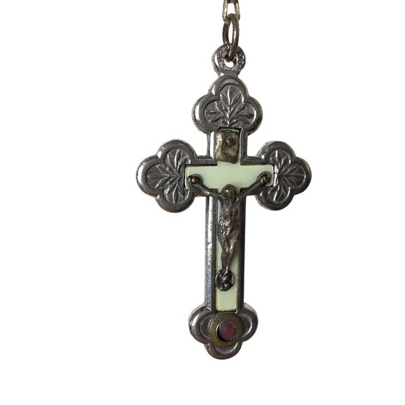 VTG Italian Luminous Rosary Necklace Burgundy Glass Bead Roma Glow Crucifix 47" - Picture 2 of 14